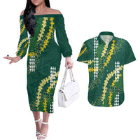 Hawaii Aloha Kakau Couples Matching Off The Shoulder Long Sleeve Dress and Hawaiian Shirt Green Puakenikeni and Maile Lei Twist
