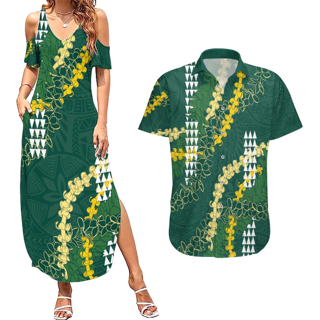 Hawaii Aloha Kakau Couples Matching Summer Maxi Dress and Hawaiian Shirt Green Puakenikeni and Maile Lei Twist