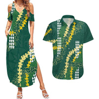 Hawaii Aloha Kakau Couples Matching Summer Maxi Dress and Hawaiian Shirt Green Puakenikeni and Maile Lei Twist