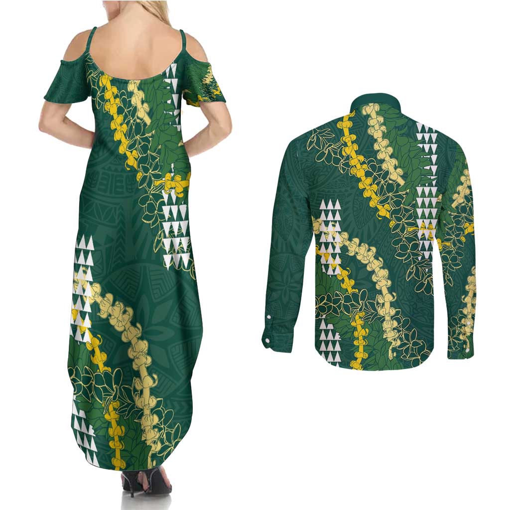 Hawaii Aloha Kakau Couples Matching Summer Maxi Dress and Long Sleeve Button Shirt Green Puakenikeni and Maile Lei Twist