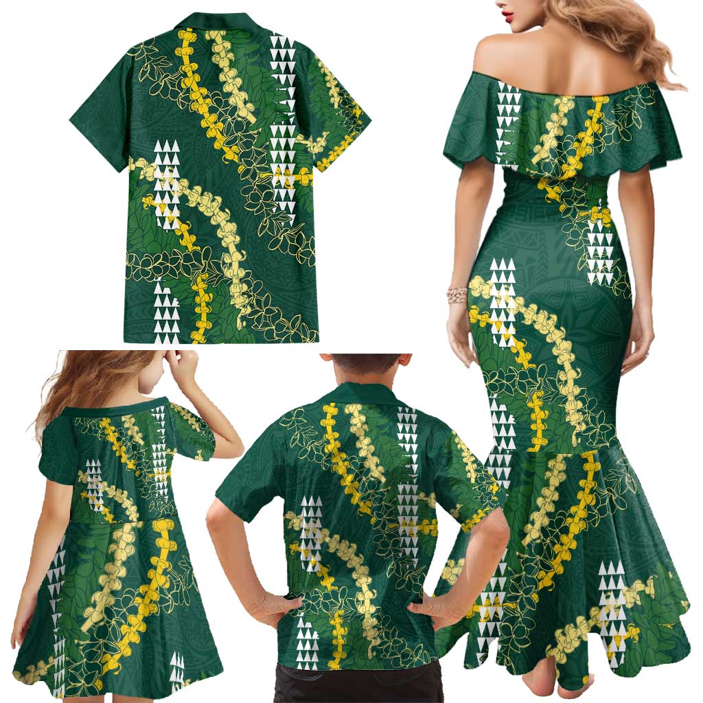 Hawaii Aloha Kakau Family Matching Mermaid Dress and Hawaiian Shirt Green Puakenikeni and Maile Lei Twist