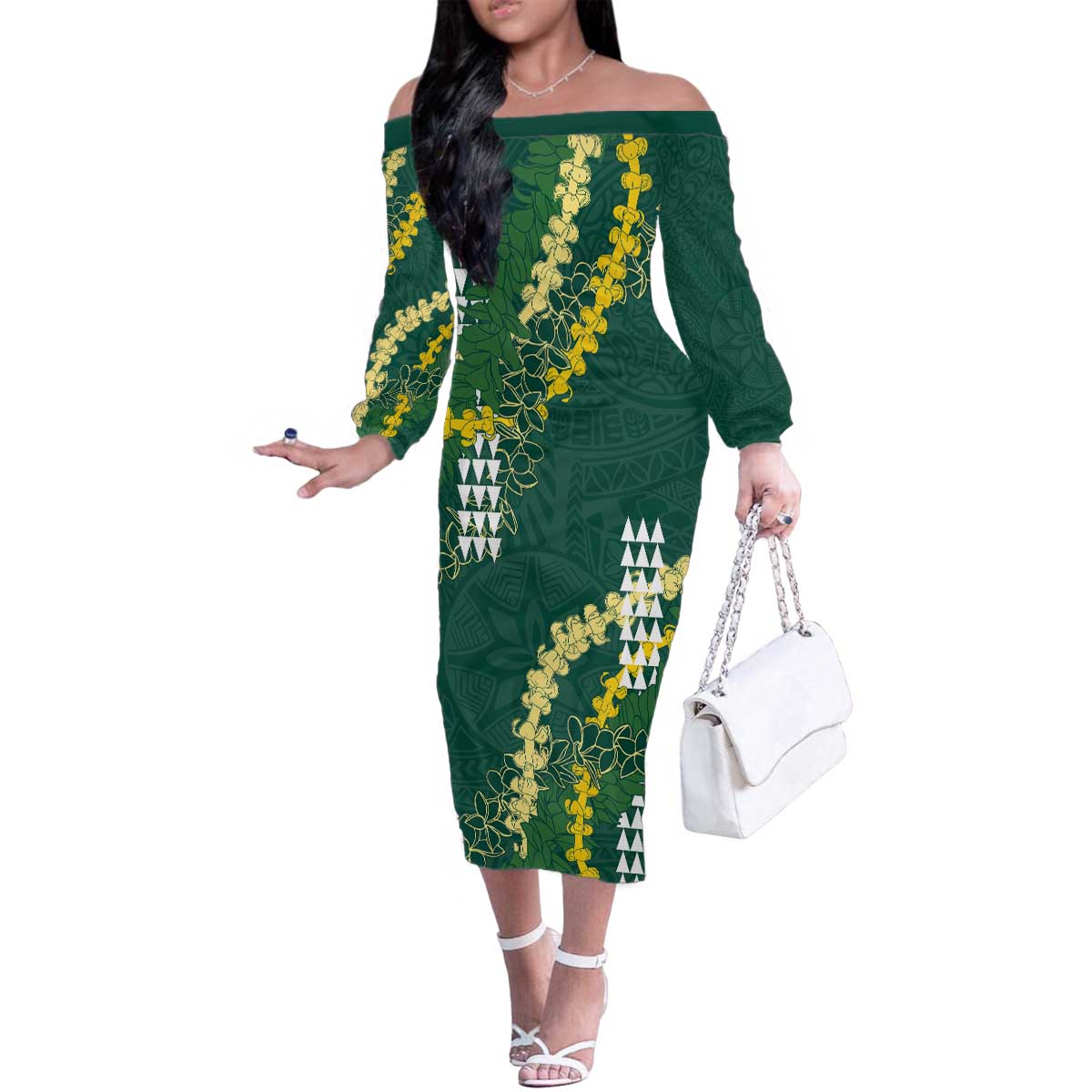Hawaii Aloha Kakau Family Matching Off The Shoulder Long Sleeve Dress and Hawaiian Shirt Green Puakenikeni and Maile Lei Twist