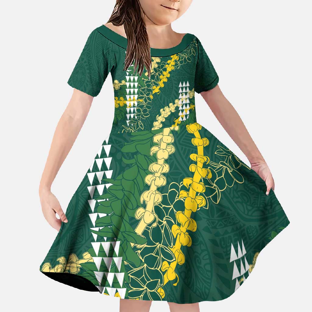 Hawaii Aloha Kakau Family Matching Off Shoulder Maxi Dress and Hawaiian Shirt Green Puakenikeni and Maile Lei Twist