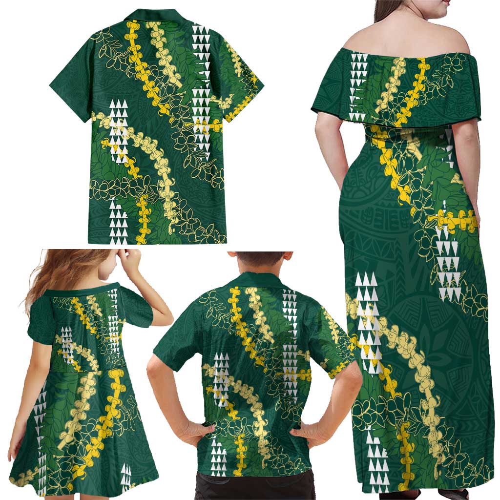 Hawaii Aloha Kakau Family Matching Off Shoulder Maxi Dress and Hawaiian Shirt Green Puakenikeni and Maile Lei Twist
