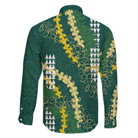 Hawaii Aloha Kakau Family Matching Off Shoulder Short Dress and Hawaiian Shirt Green Puakenikeni and Maile Lei Twist