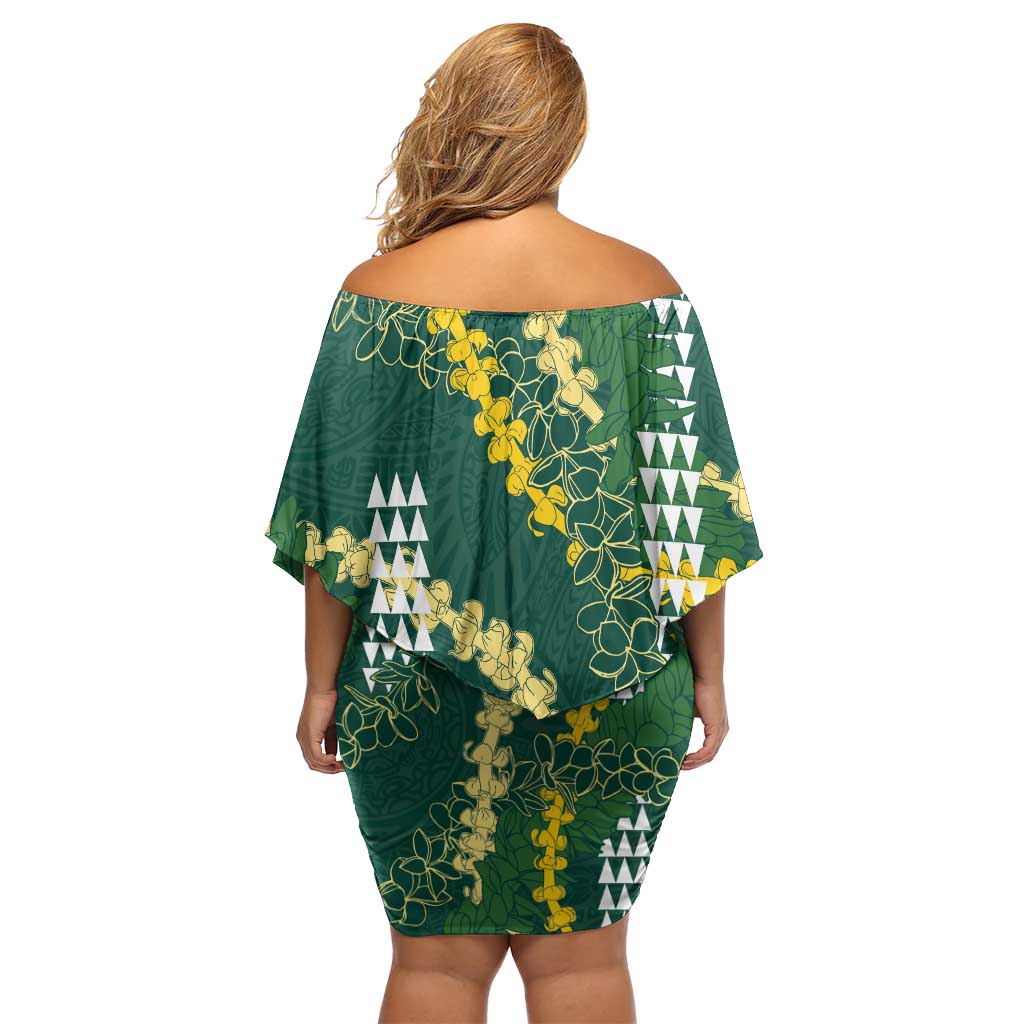 Hawaii Aloha Kakau Family Matching Off Shoulder Short Dress and Hawaiian Shirt Green Puakenikeni and Maile Lei Twist