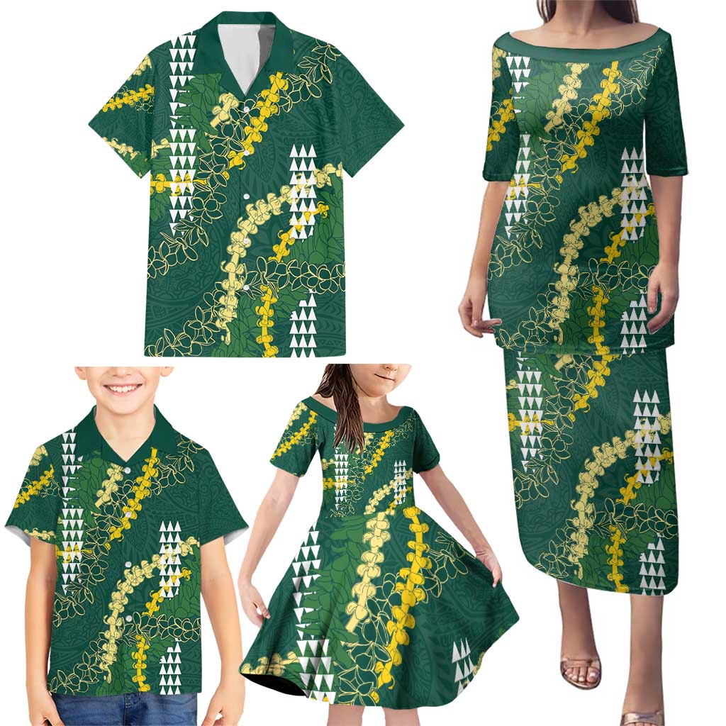 Hawaii Aloha Kakau Family Matching Puletasi and Hawaiian Shirt Green Puakenikeni and Maile Lei Twist