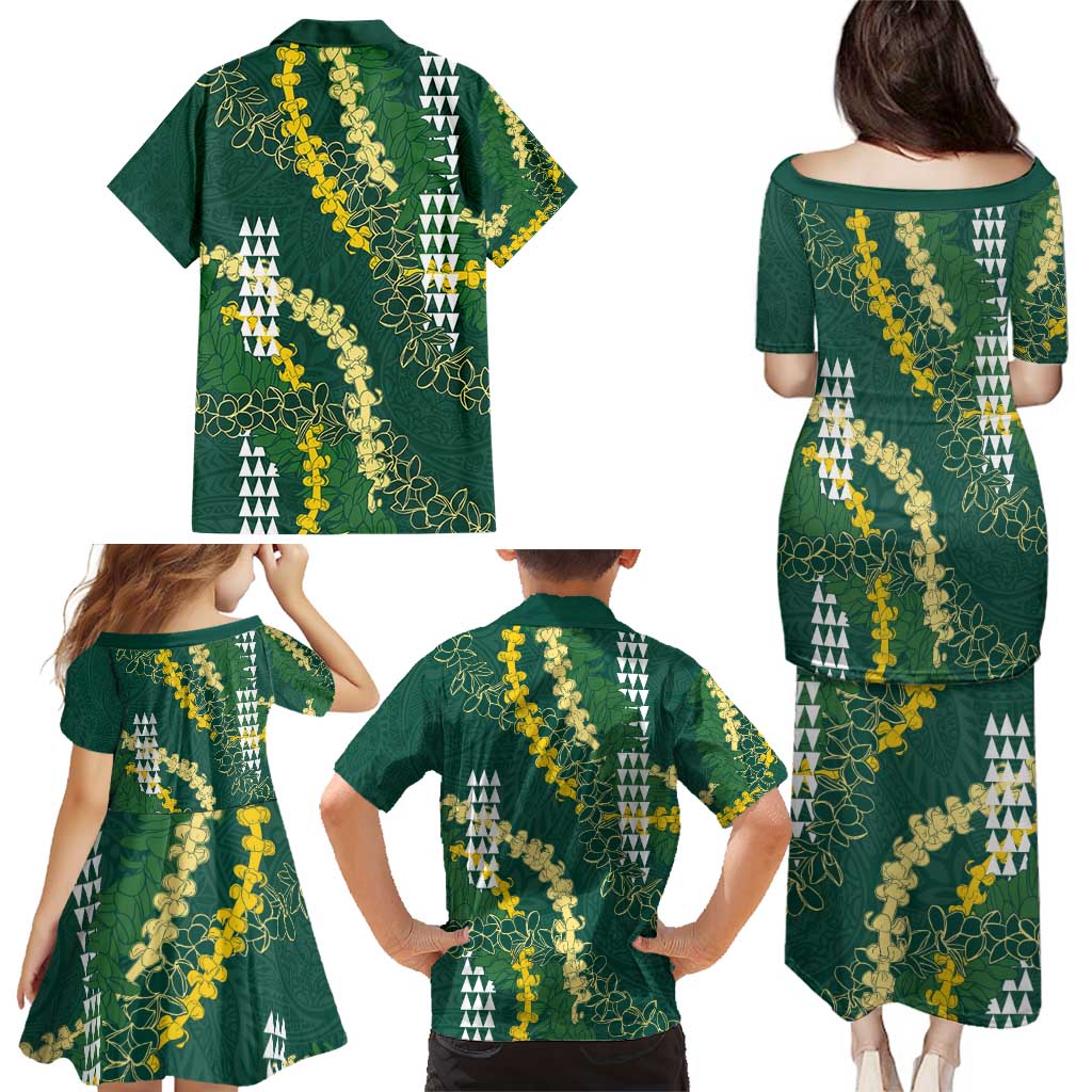 Hawaii Aloha Kakau Family Matching Puletasi and Hawaiian Shirt Green Puakenikeni and Maile Lei Twist
