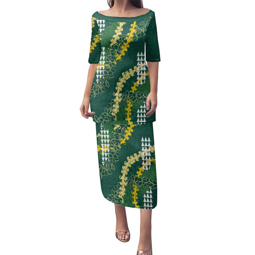 Hawaii Aloha Kakau Family Matching Puletasi and Hawaiian Shirt Green Puakenikeni and Maile Lei Twist