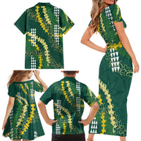Hawaii Aloha Kakau Family Matching Short Sleeve Bodycon Dress and Hawaiian Shirt Green Puakenikeni and Maile Lei Twist