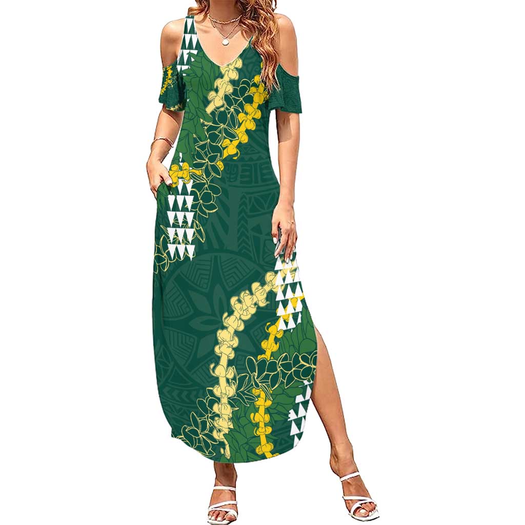 Hawaii Aloha Kakau Family Matching Summer Maxi Dress and Hawaiian Shirt Green Puakenikeni and Maile Lei Twist