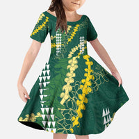 Hawaii Aloha Kakau Family Matching Tank Maxi Dress and Hawaiian Shirt Green Puakenikeni and Maile Lei Twist