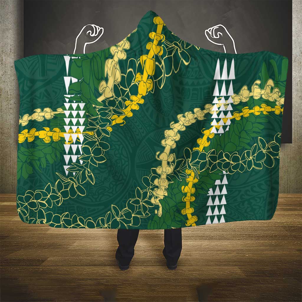 Hawaii Aloha Kakau Hooded Blanket Green Puakenikeni and Maile Lei Twist