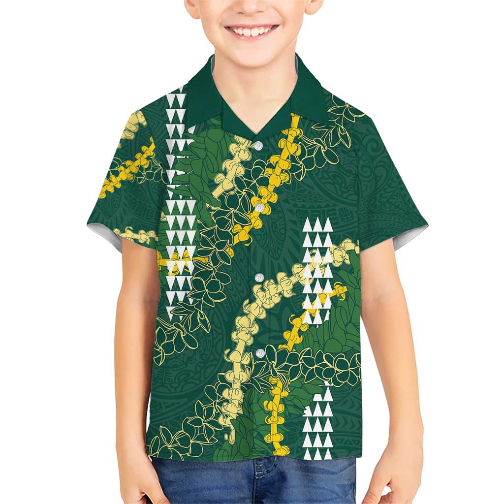 Hawaii Aloha Kakau Kid Hawaiian Shirt Green Puakenikeni and Maile Lei Twist