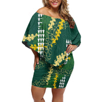 Hawaii Aloha Kakau Off Shoulder Short Dress Green Puakenikeni and Maile Lei Twist
