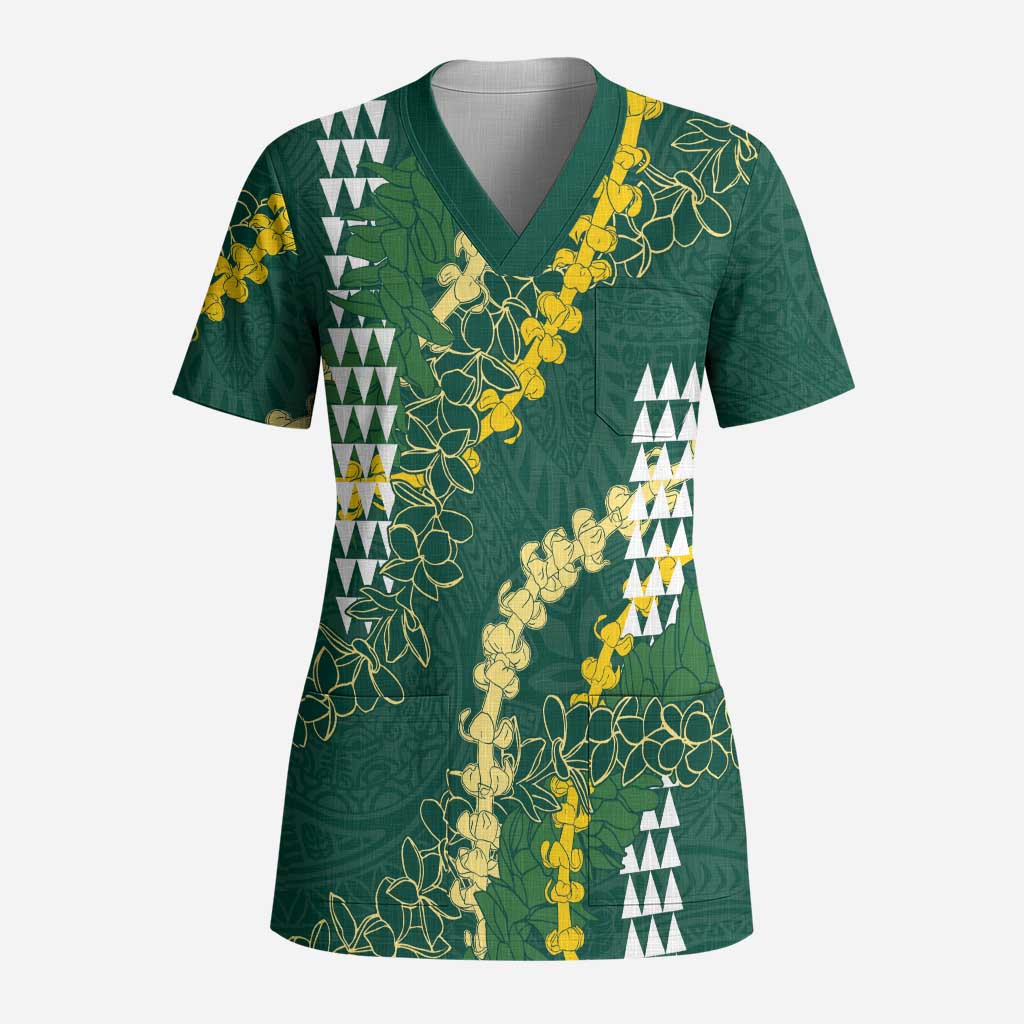 Hawaii Aloha Kakau Scrub Top Green Puakenikeni and Maile Lei Twist - Polynesian Pride