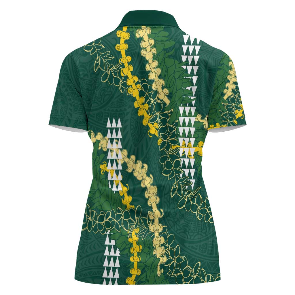 Hawaii Aloha Kakau Women Polo Shirt Green Puakenikeni and Maile Lei Twist