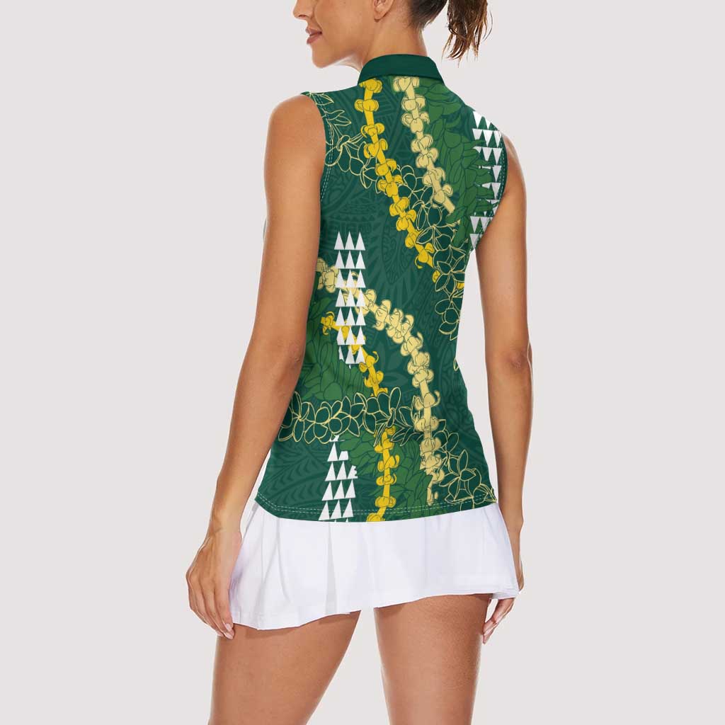 Hawaii Aloha Kakau Women Sleeveless Polo Shirt Green Puakenikeni and Maile Lei Twist