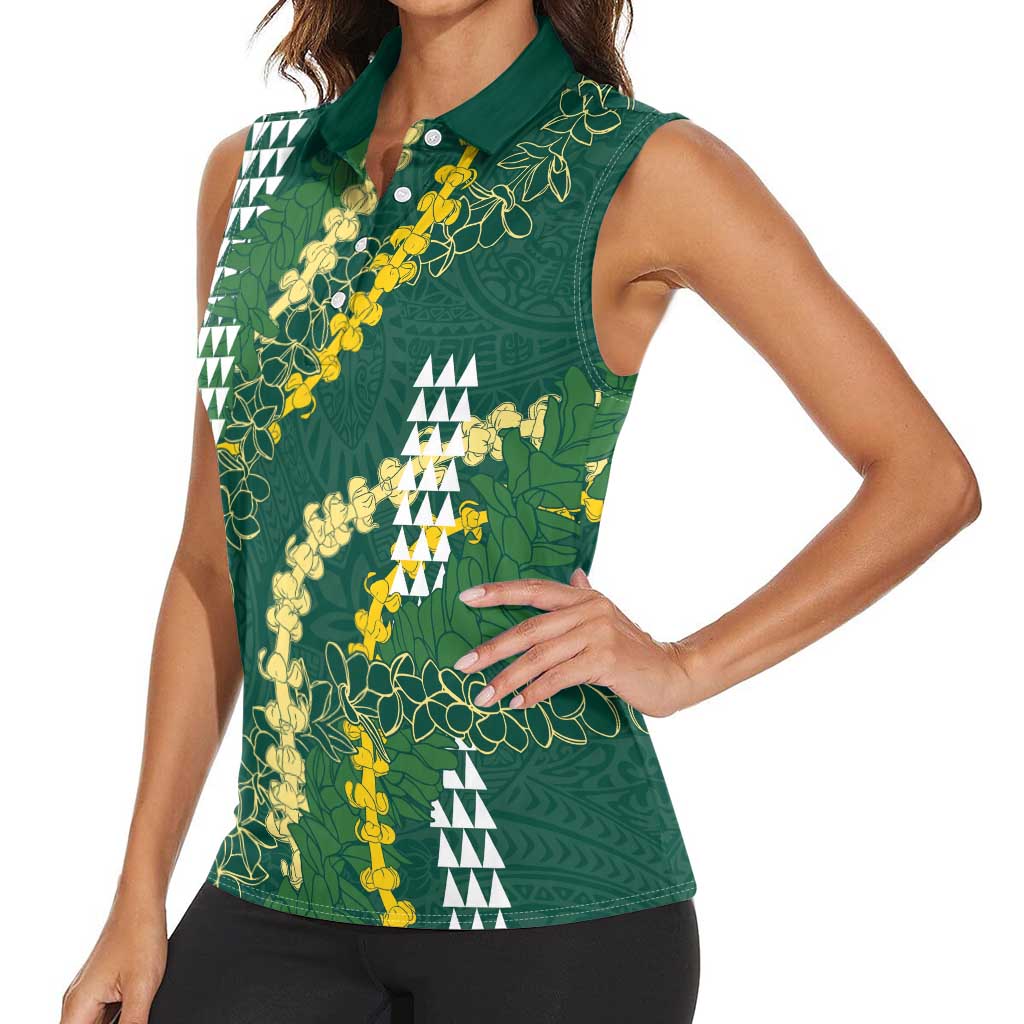 Hawaii Aloha Kakau Women Sleeveless Polo Shirt Green Puakenikeni and Maile Lei Twist