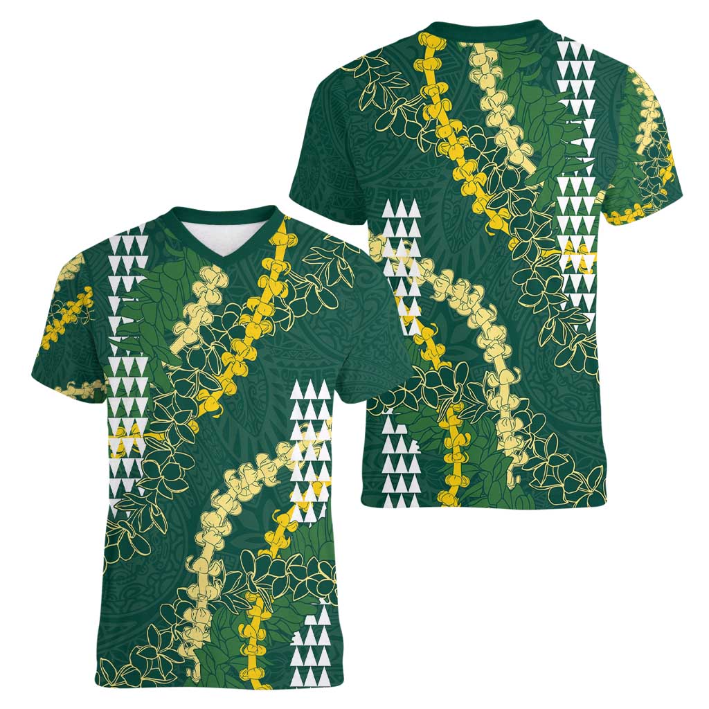 Hawaii Aloha Kakau Women V-Neck T-Shirt Green Puakenikeni and Maile Lei Twist