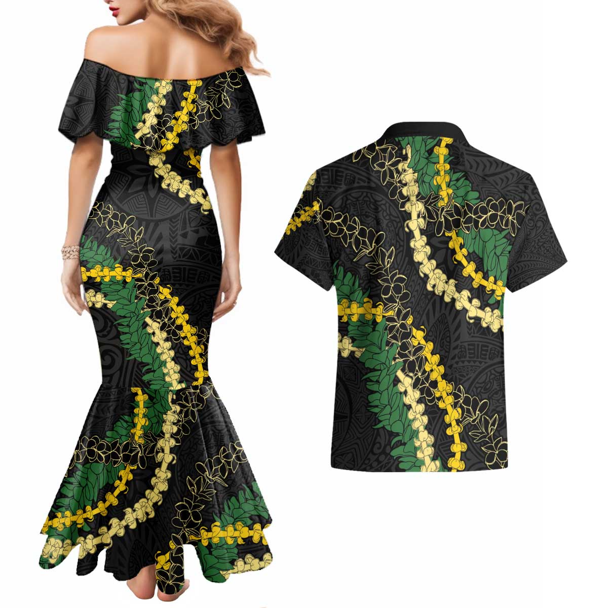 Hawaii Puakenikeni - Maile Lei Couples Matching Mermaid Dress and Hawaiian Shirt Obsidian Black