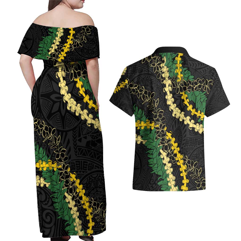 Hawaii Puakenikeni - Maile Lei Couples Matching Off Shoulder Maxi Dress and Hawaiian Shirt Obsidian Black