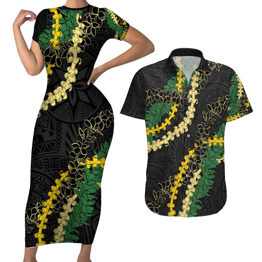 Hawaii Puakenikeni - Maile Lei Couples Matching Short Sleeve Bodycon Dress and Hawaiian Shirt Obsidian Black