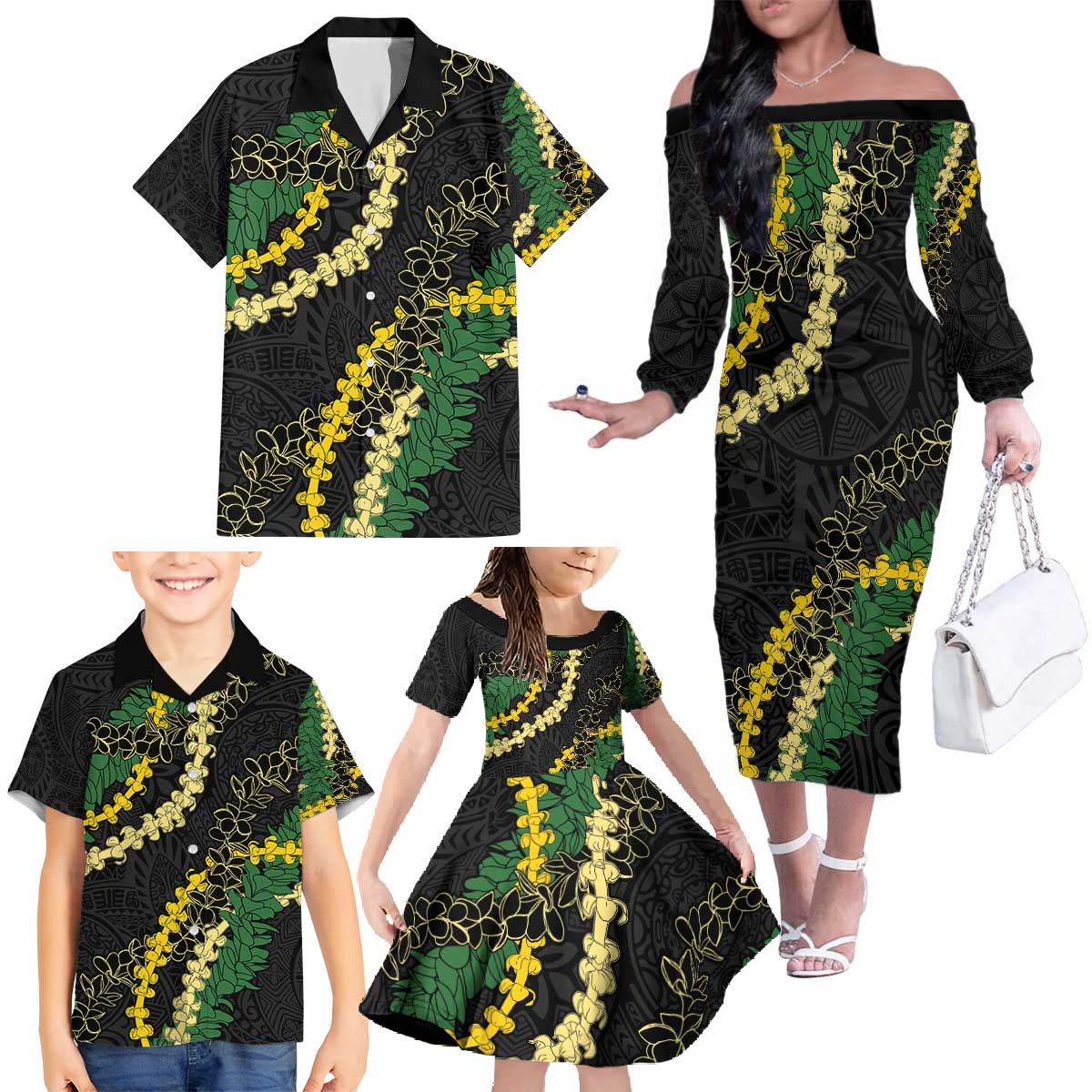 Hawaii Puakenikeni - Maile Lei Family Matching Off The Shoulder Long Sleeve Dress and Hawaiian Shirt Obsidian Black