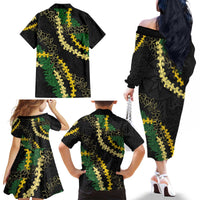 Hawaii Puakenikeni - Maile Lei Family Matching Off The Shoulder Long Sleeve Dress and Hawaiian Shirt Obsidian Black