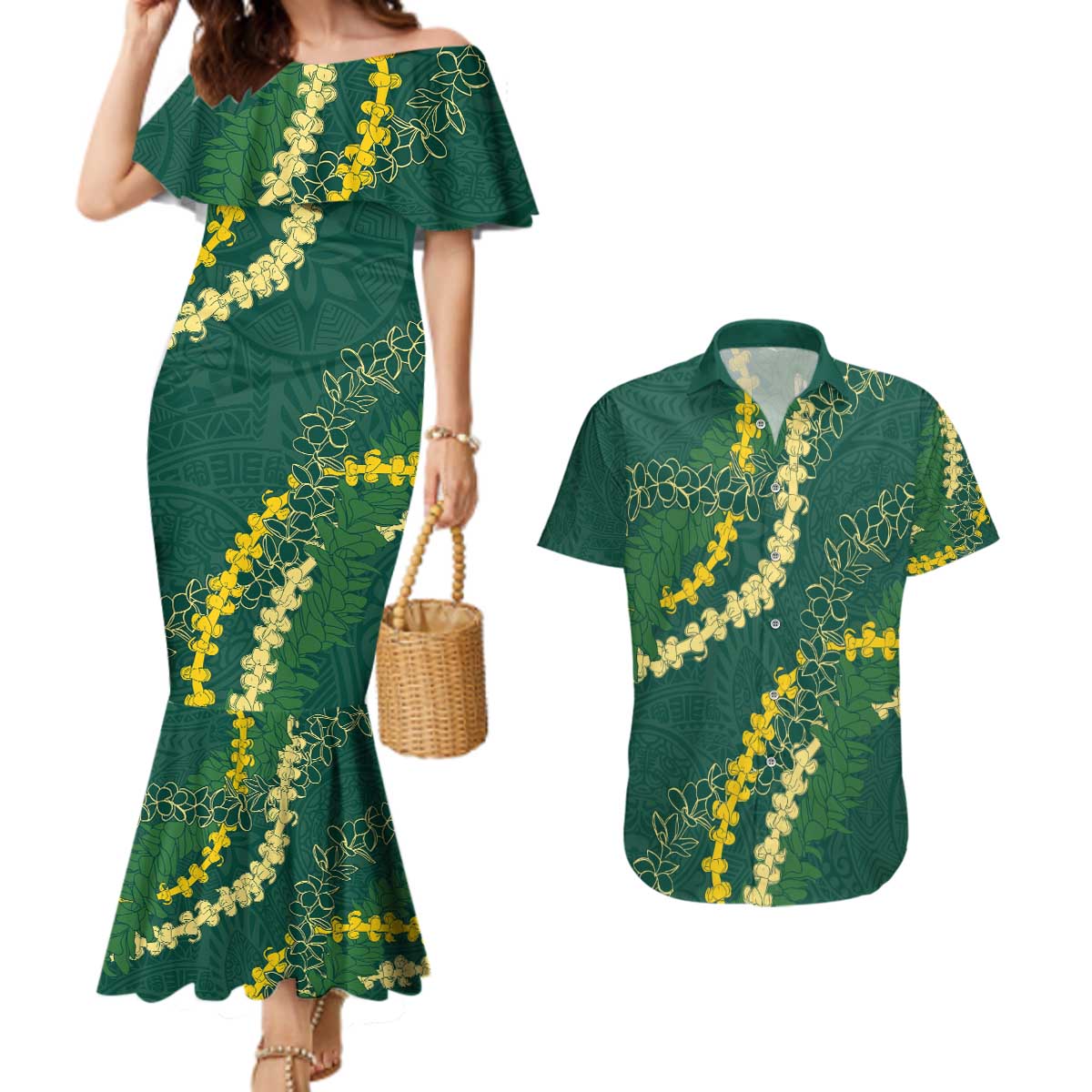 Hawaii Puakenikeni - Maile Lei Couples Matching Mermaid Dress and Hawaiian Shirt Sage Green