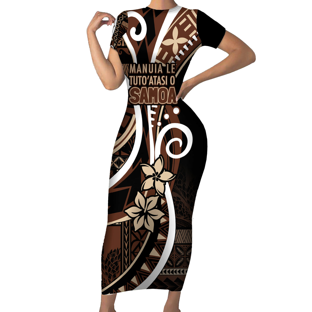 Samoa Siapo Classic Motif Short Sleeve Bodycon Dress Manuia le tutoatasi o Samoa Independence Black Style LT7 Long Dress Black - Polynesian Pride