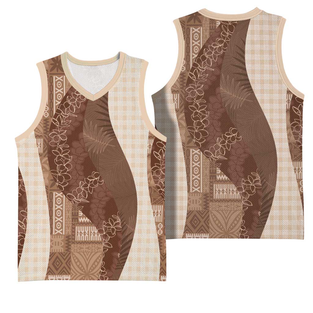 Polynesian Tribal Pattern Patchwork Picturesque Basketball Jersey Mocha LT7 - Polynesian Pride