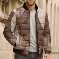 Polynesian Tribal Pattern Patchwork Picturesque Bomber Puffer Jacket Mocha