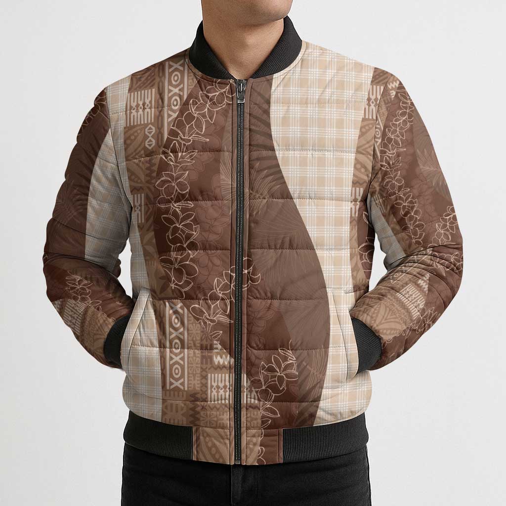 Polynesian Tribal Pattern Patchwork Picturesque Bomber Puffer Jacket Mocha