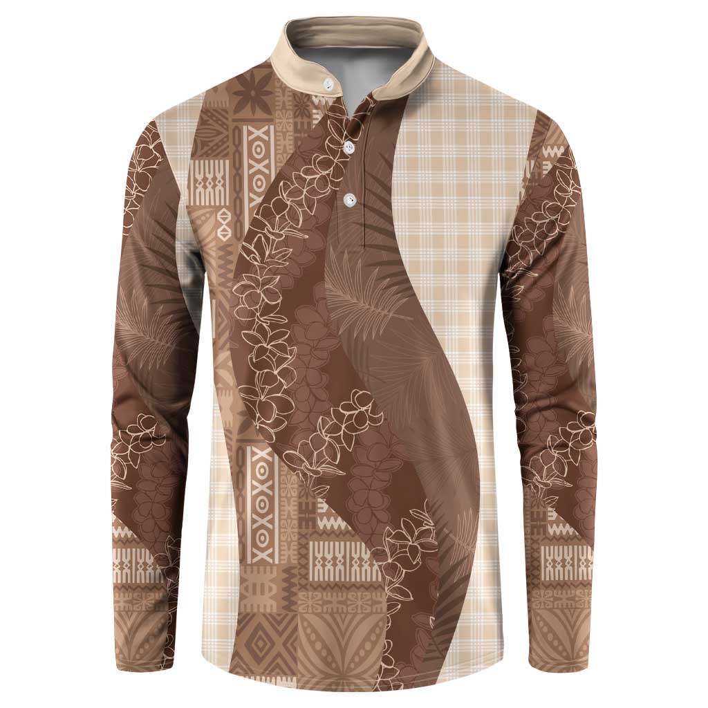 Polynesian Tribal Pattern Patchwork Picturesque Button Sweatshirt Mocha