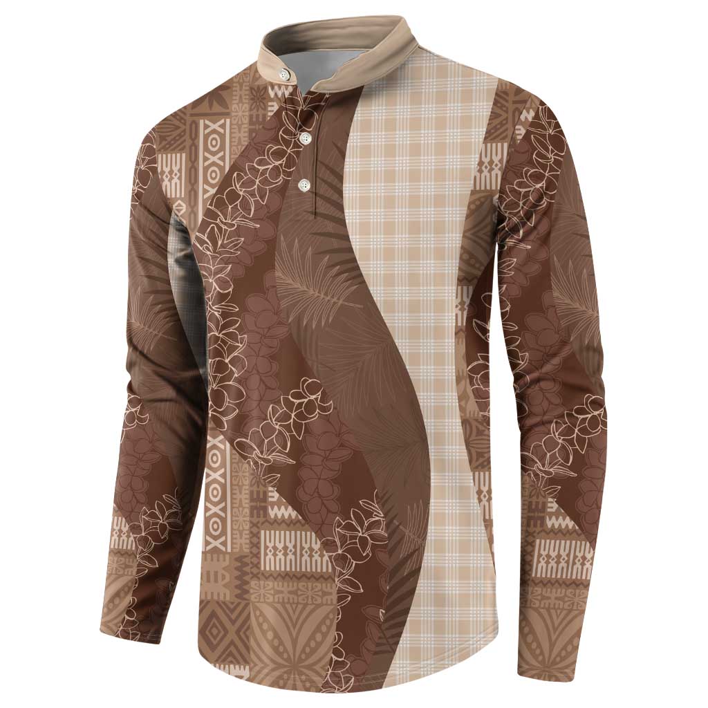 Polynesian Tribal Pattern Patchwork Picturesque Button Sweatshirt Mocha