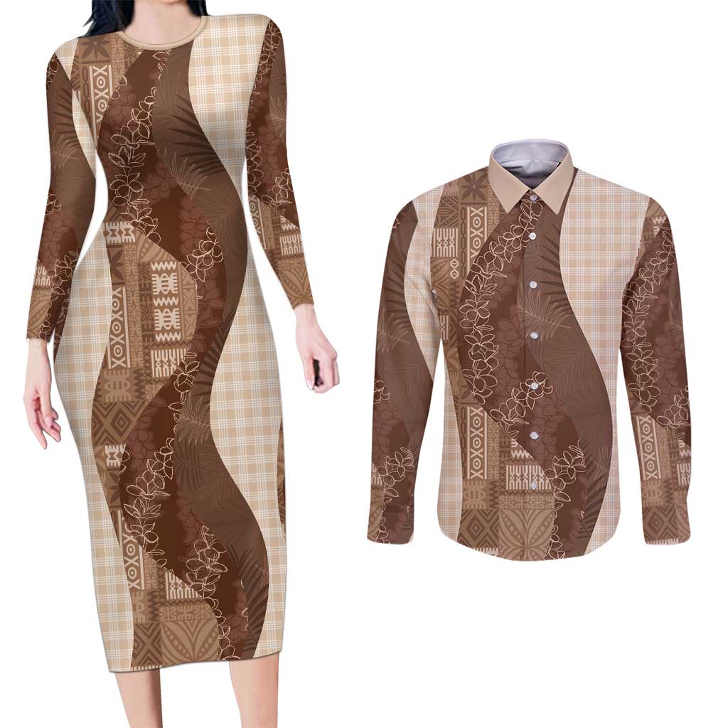 Polynesian Tribal Pattern Patchwork Picturesque Couples Matching Long Sleeve Bodycon Dress and Long Sleeve Button Shirt Mocha