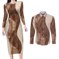Polynesian Tribal Pattern Patchwork Picturesque Couples Matching Long Sleeve Bodycon Dress and Long Sleeve Button Shirt Mocha