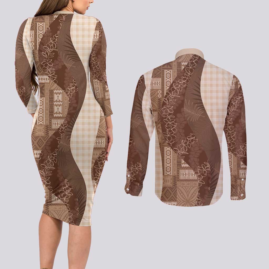 Polynesian Tribal Pattern Patchwork Picturesque Couples Matching Long Sleeve Bodycon Dress and Long Sleeve Button Shirt Mocha