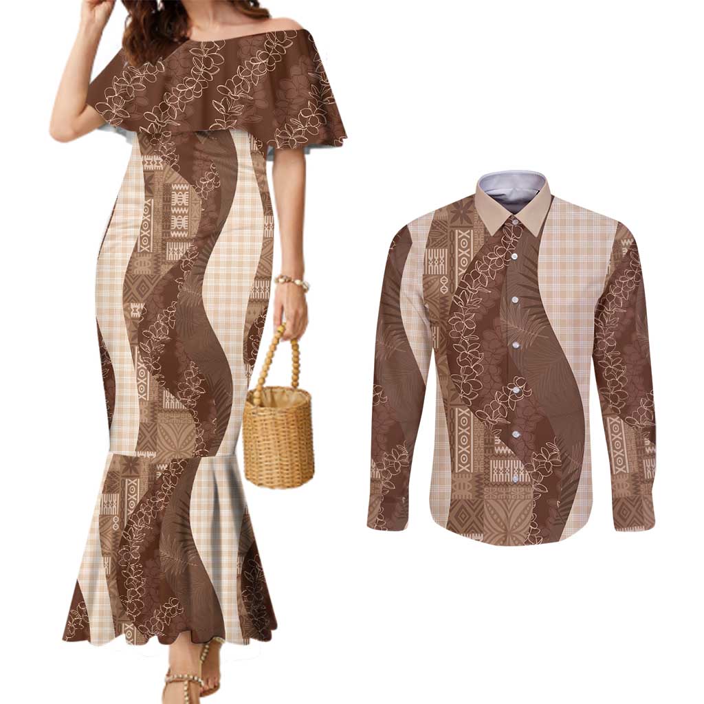 Polynesian Tribal Pattern Patchwork Picturesque Couples Matching Mermaid Dress and Long Sleeve Button Shirt Mocha