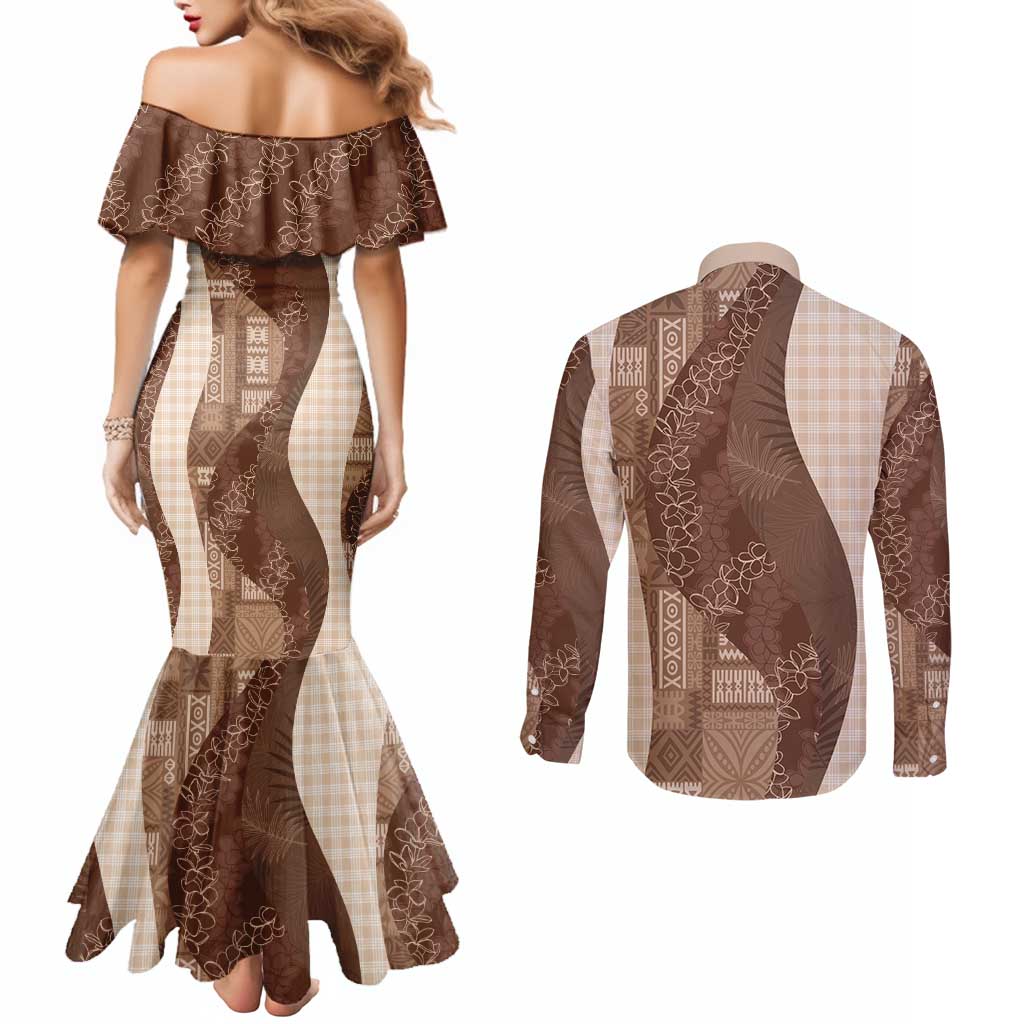 Polynesian Tribal Pattern Patchwork Picturesque Couples Matching Mermaid Dress and Long Sleeve Button Shirt Mocha