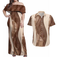 Polynesian Tribal Pattern Patchwork Picturesque Couples Matching Off Shoulder Maxi Dress and Hawaiian Shirt Mocha
