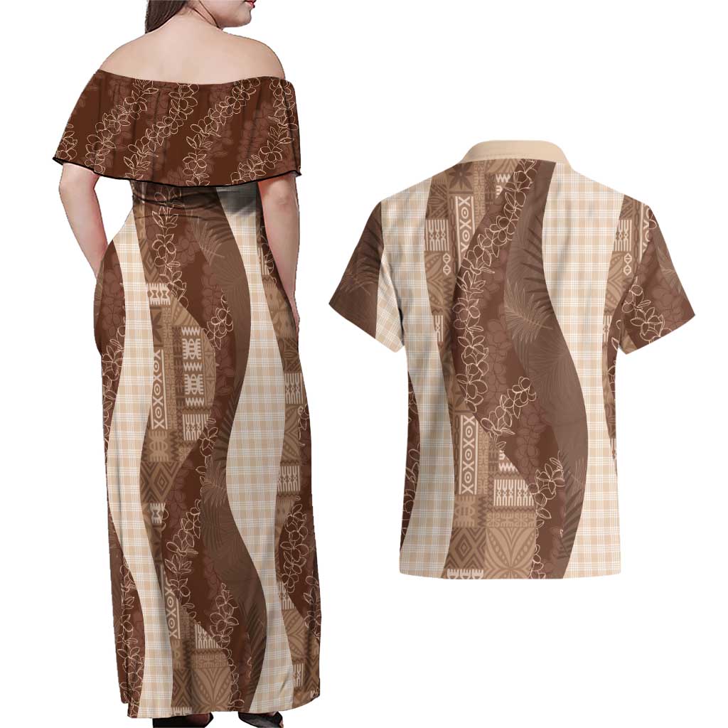 Polynesian Tribal Pattern Patchwork Picturesque Couples Matching Off Shoulder Maxi Dress and Hawaiian Shirt Mocha