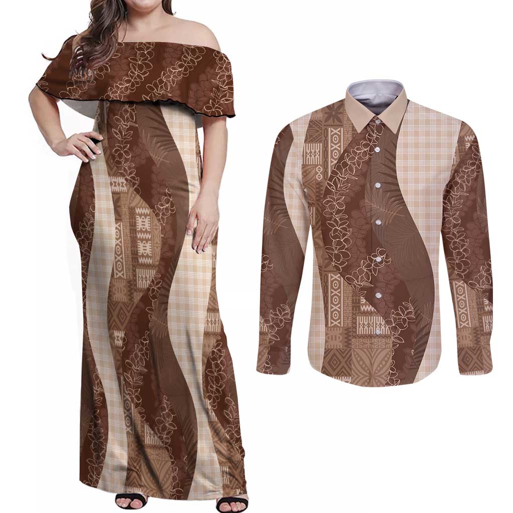 Polynesian Tribal Pattern Patchwork Picturesque Couples Matching Off Shoulder Maxi Dress and Long Sleeve Button Shirt Mocha