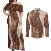 Polynesian Tribal Pattern Patchwork Picturesque Couples Matching Off Shoulder Maxi Dress and Long Sleeve Button Shirt Mocha