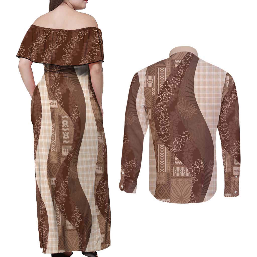 Polynesian Tribal Pattern Patchwork Picturesque Couples Matching Off Shoulder Maxi Dress and Long Sleeve Button Shirt Mocha