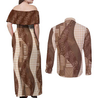 Polynesian Tribal Pattern Patchwork Picturesque Couples Matching Off Shoulder Maxi Dress and Long Sleeve Button Shirt Mocha