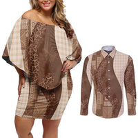 Polynesian Tribal Pattern Patchwork Picturesque Couples Matching Off Shoulder Short Dress and Long Sleeve Button Shirt Mocha