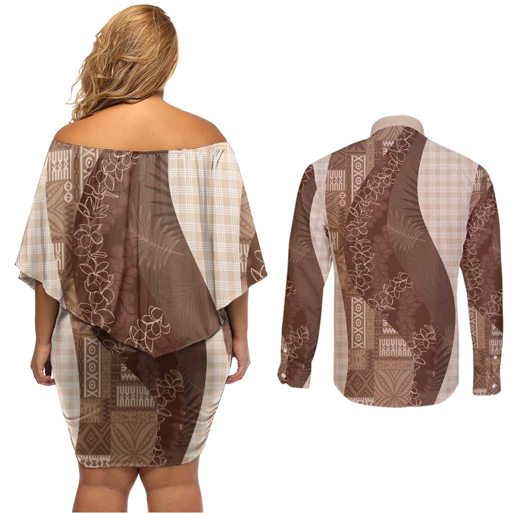 Polynesian Tribal Pattern Patchwork Picturesque Couples Matching Off Shoulder Short Dress and Long Sleeve Button Shirt Mocha