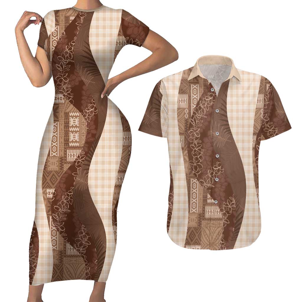 Polynesian Tribal Pattern Patchwork Picturesque Couples Matching Short Sleeve Bodycon Dress and Hawaiian Shirt Mocha LT7 Mocha - Polynesian Pride